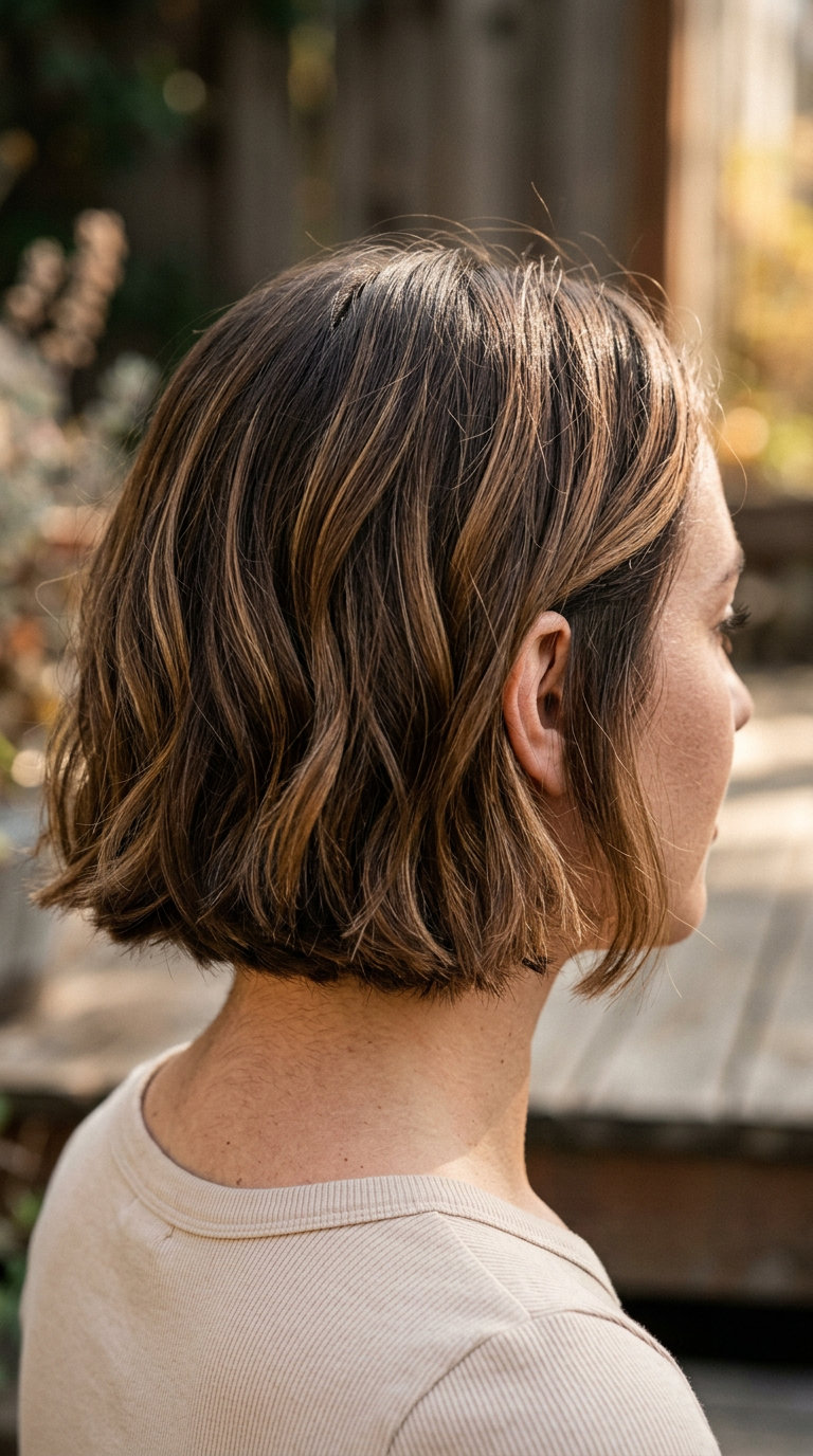 shoulder-length bob haircut in chocolate brown with golden caramel balayage, internal layering, no fringe — warm dimensional look