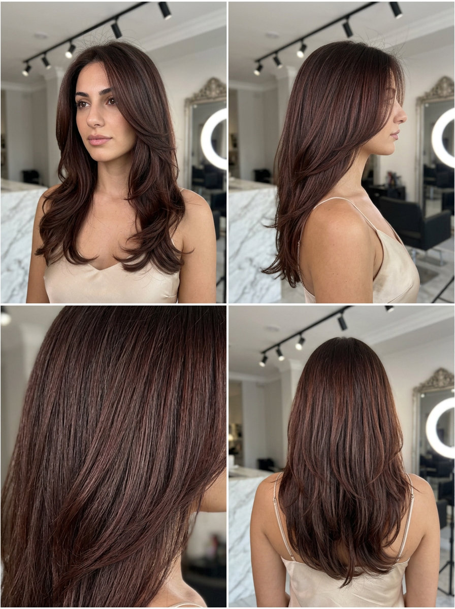 long layered haircut with deep chocolate brown, cherry red undertones, cascading layers — luxurious elegant