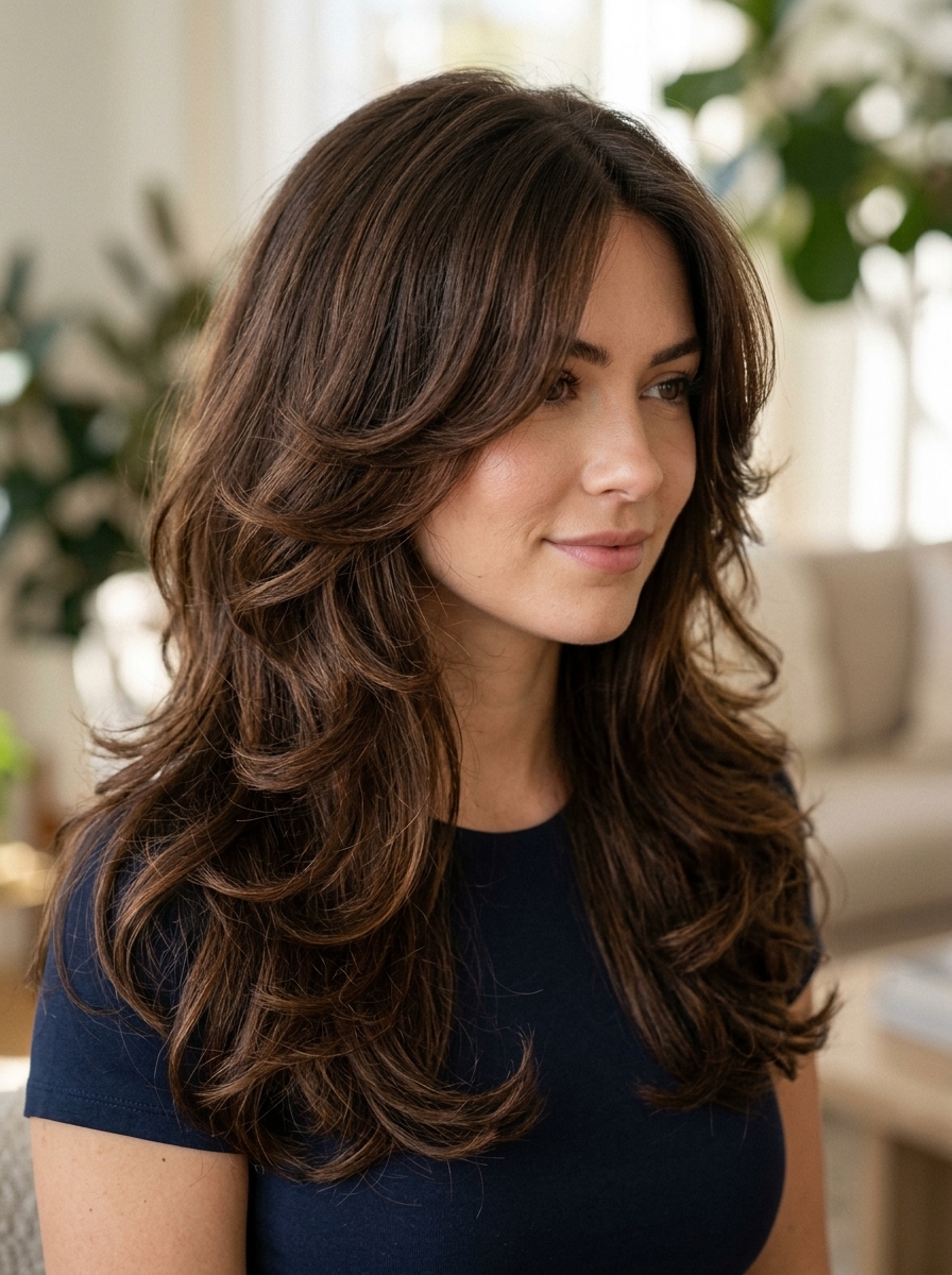 Long haircut with butterfly layers in chocolate brown with caramel balayage, soft V-cut back, no bangs — romantic voluminous
