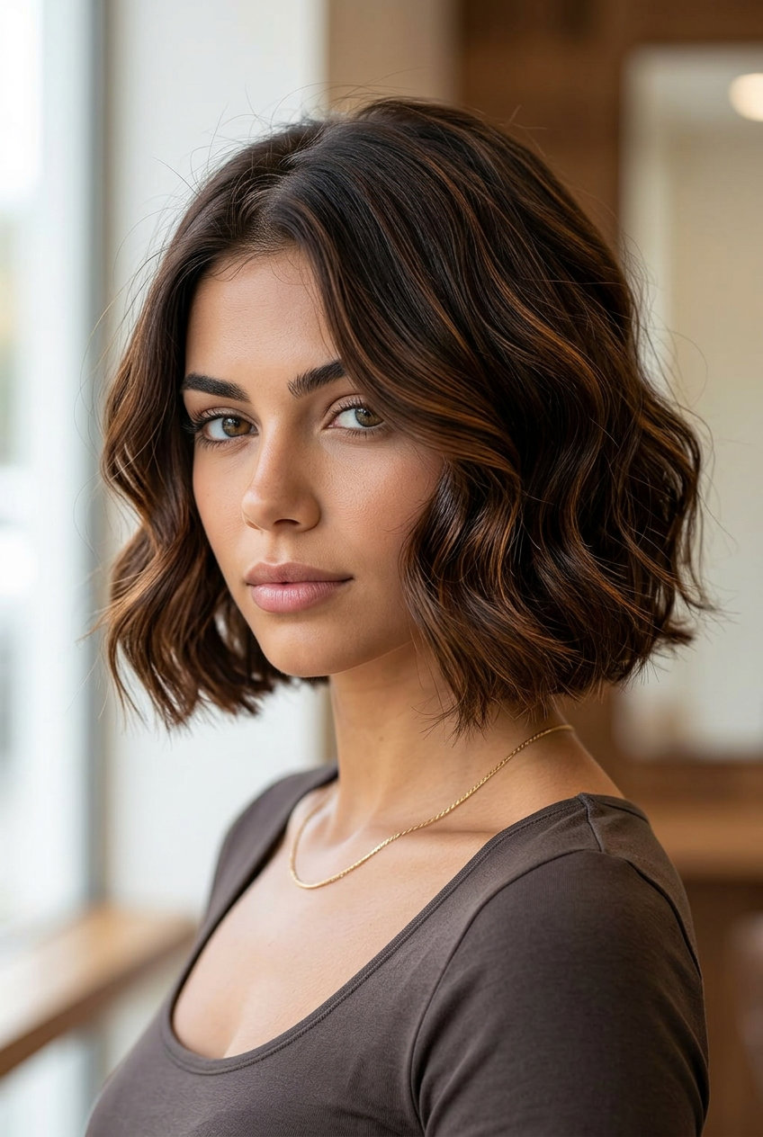 short french bob haircut in deep chocolate brown with mahogany undertones, sculpted waves, no fringe — glamorous vintage event