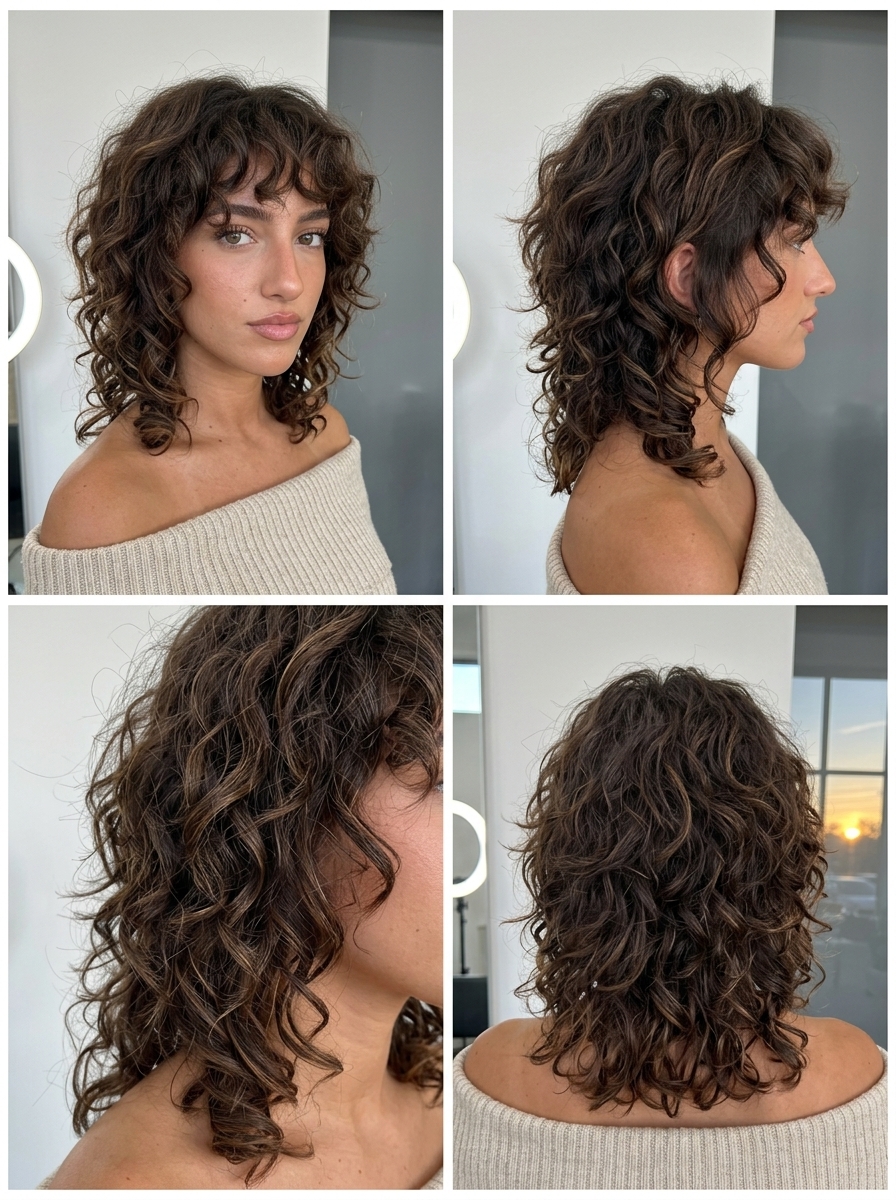 medium curly chocolate wolf cut with caramel balayage for textured volume
