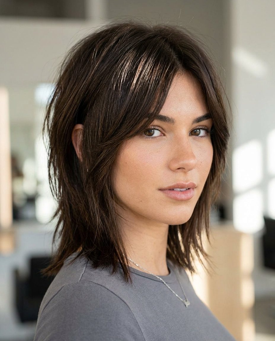 Luxe Chocolate Mullet 2026: Sophisticated & Chic medium choppy mullet haircut in dimensional chocolate brown with subtle caramel whispers for professional events