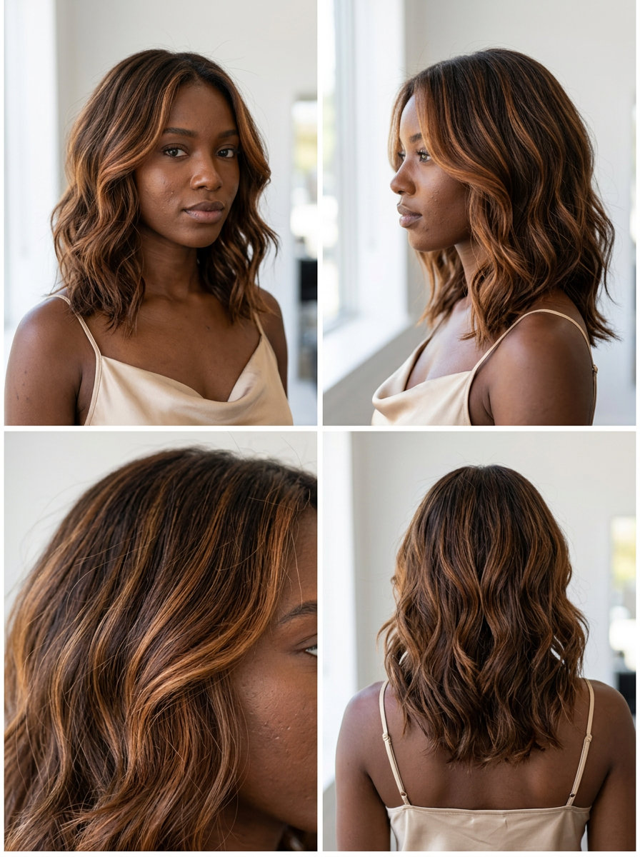 long cinnamon swirl face-framing highlights with medium brown base, copper-gold, and spicy glow — radiant casual