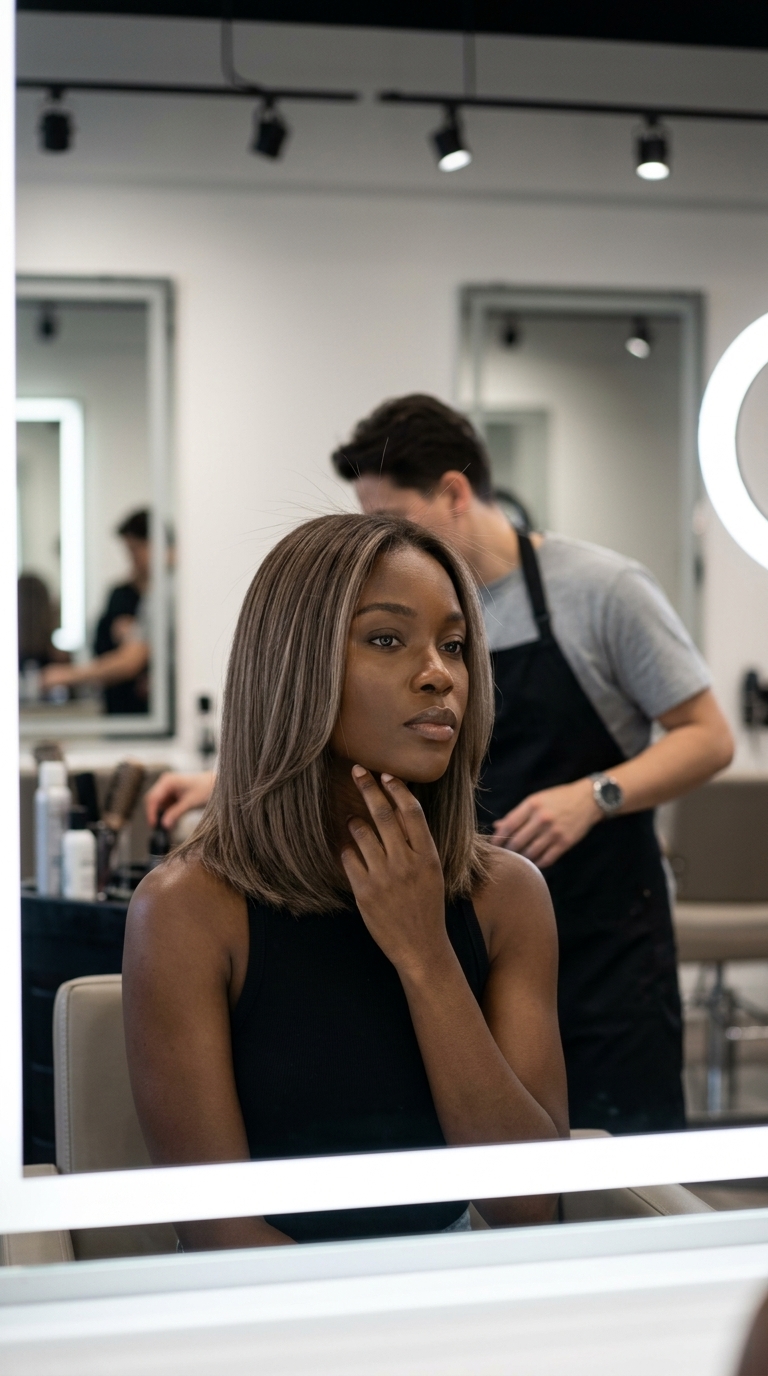 long neutral brown hair with cool ash bronde babylights, subtle face-framing highlights — sophisticated