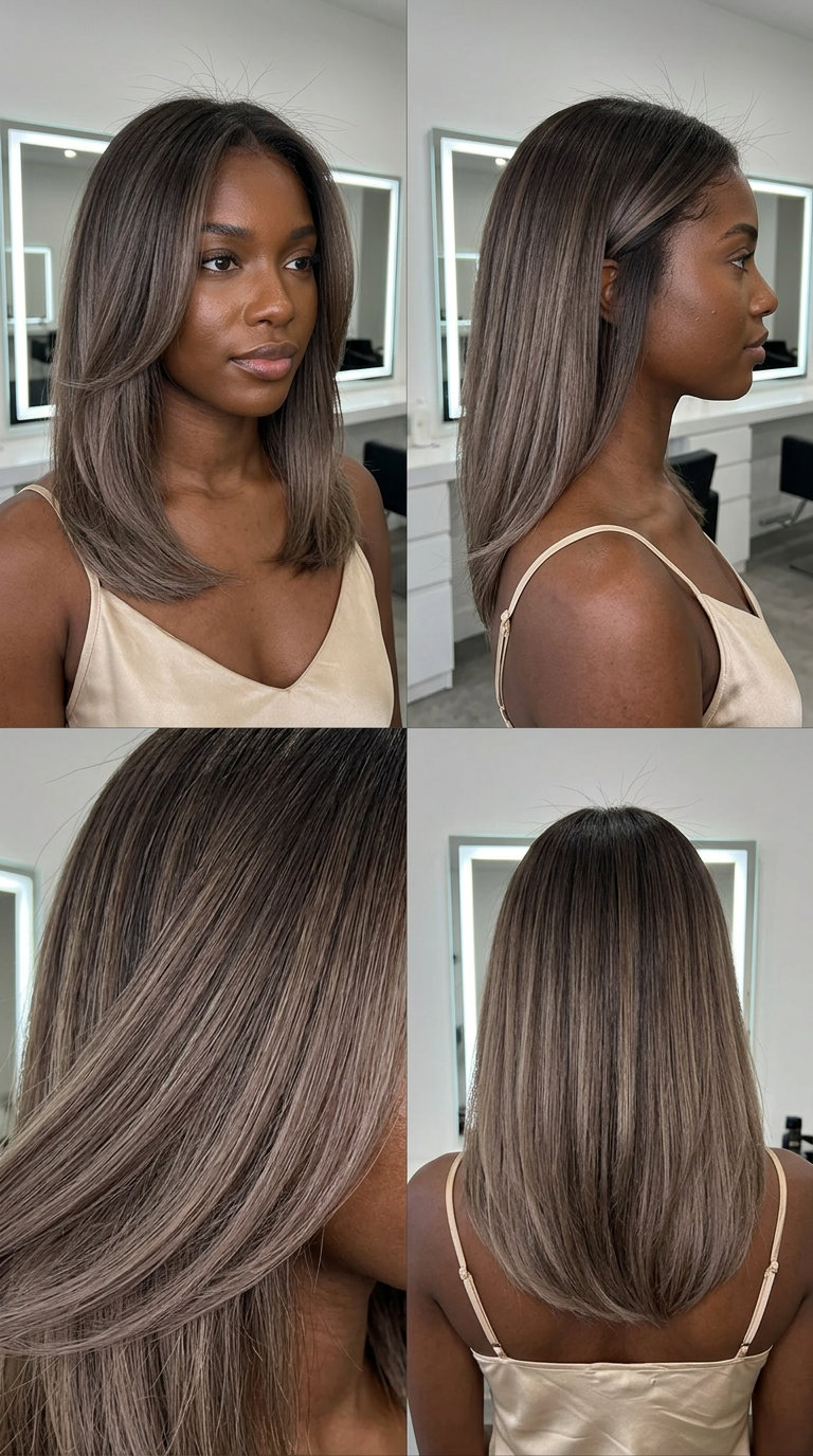 long cool ash brown color melt with muted taupe ends, seamless blend — professional summer networking
