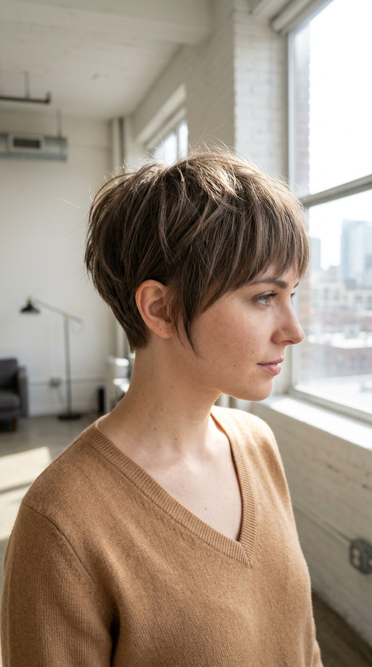 razor-cut pixie haircut with cool ash brown color and piecey bangs for thin fine hair