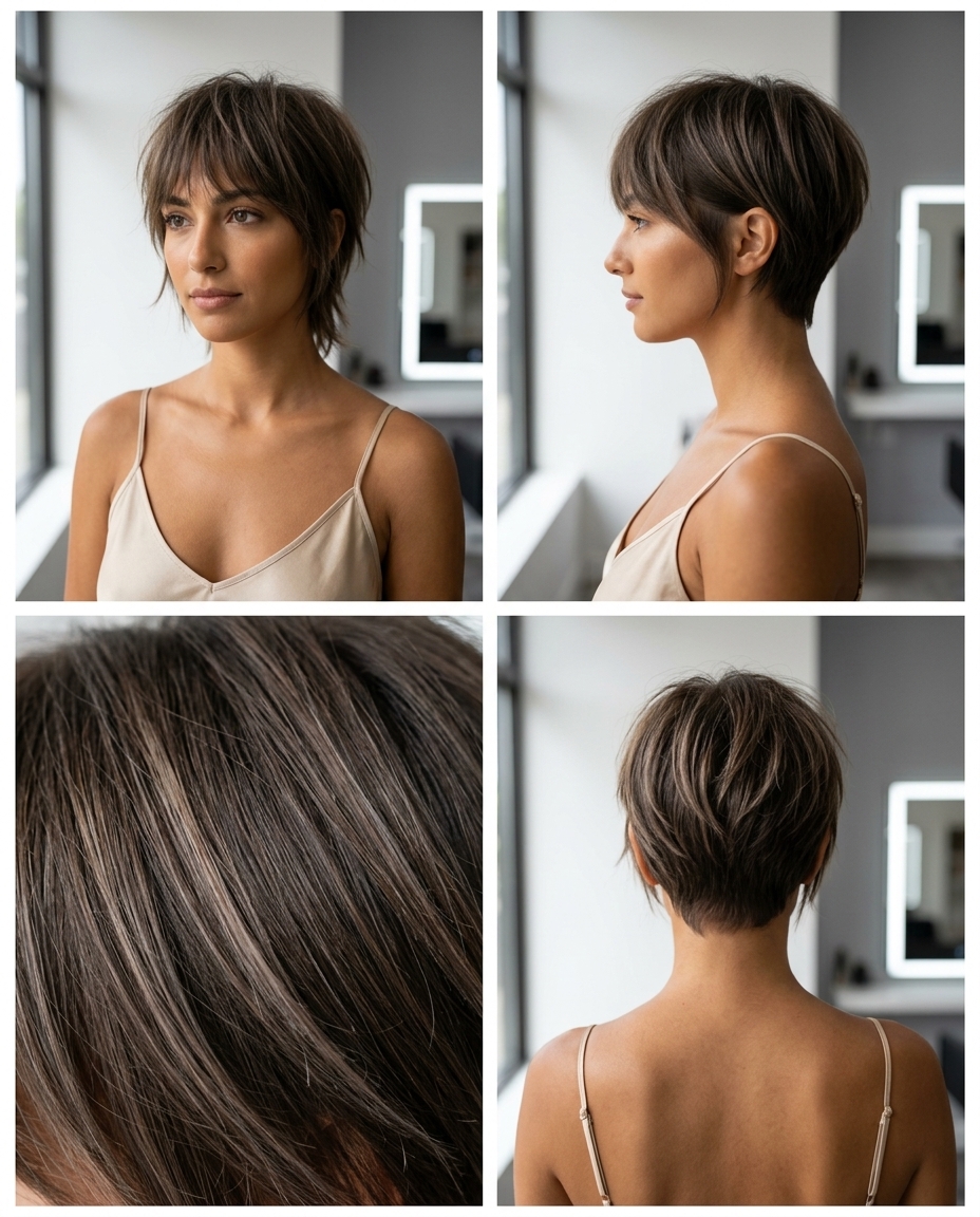 short cool ash brunette pixie haircut with undercut and piecey texture for edgy style