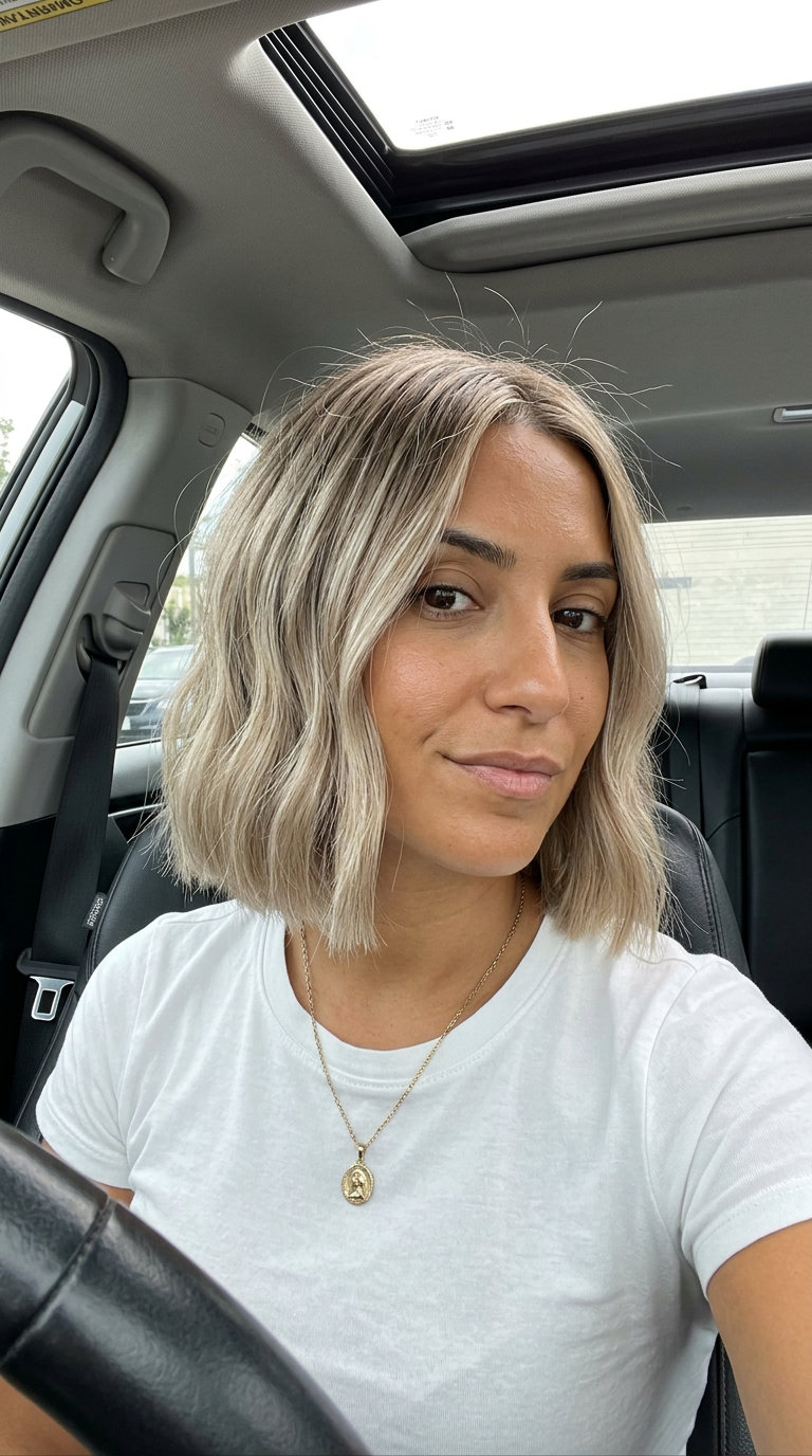 chin-length blunt bob haircut in cool beige blonde with ash babylights, diffused root, no fringe — chic minimalist look