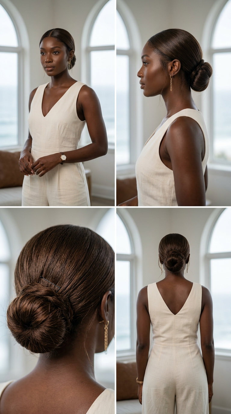 long cool neutral brown low bun with beige undertones, sleek finish, no fringe — elegant professional