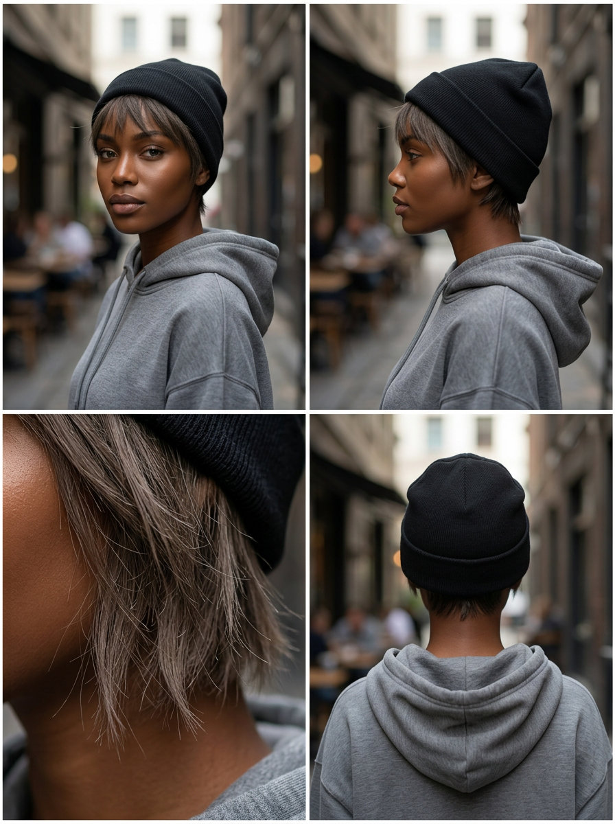 short crop with cool brown, tapered sides, face-framing pieces — modern minimalist style