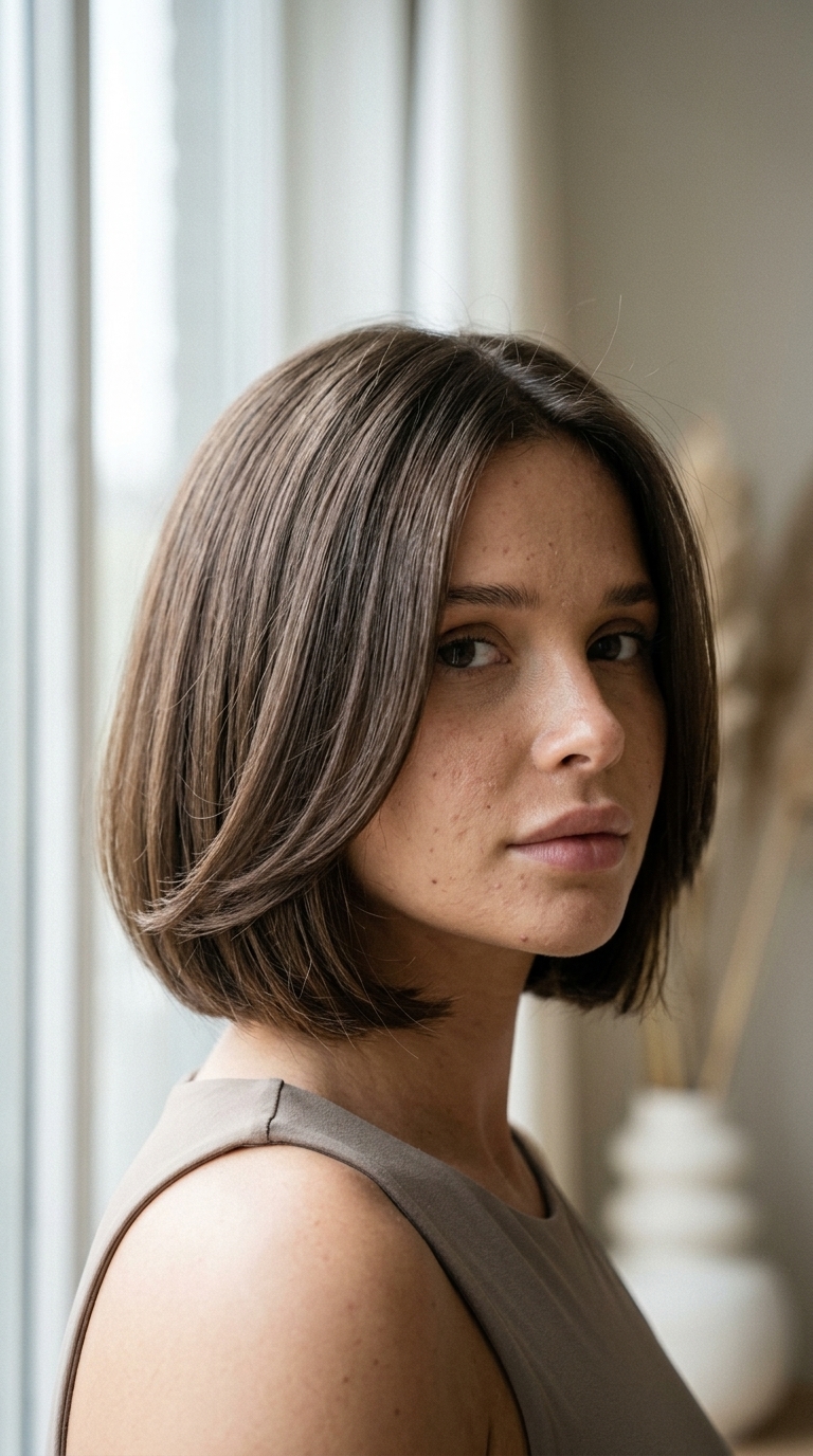 chin-length bob with cool natural brunette, hidden internal layers, blunt perimeter — minimalist chic