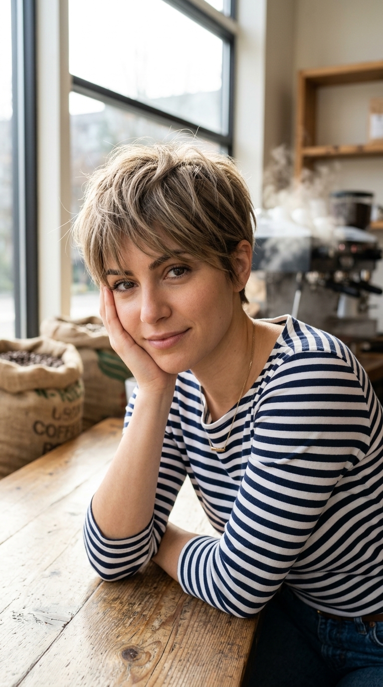 short layered pixie haircut with cool dark blonde and tousled fringe for summer