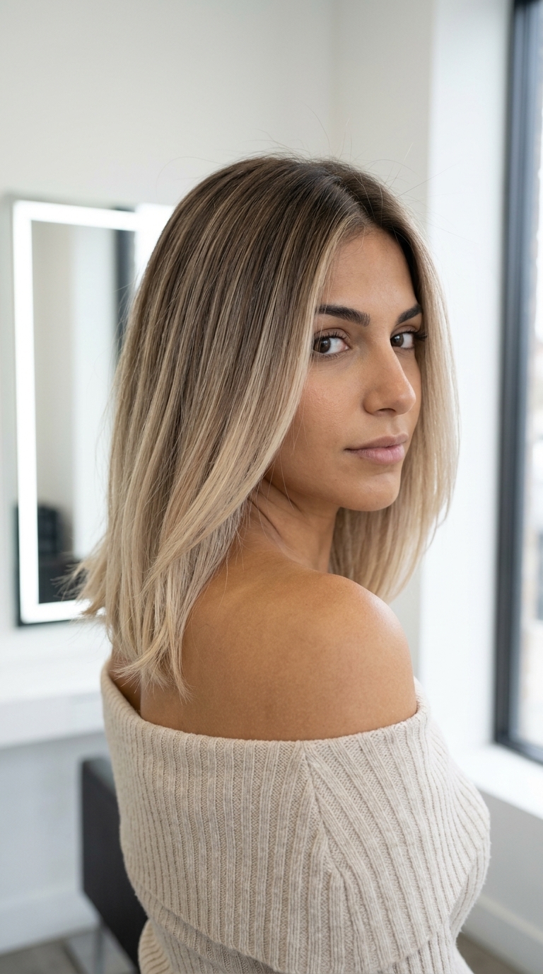 long cool linen blonde babylights ombre with ash brown root, seamless melt for summer