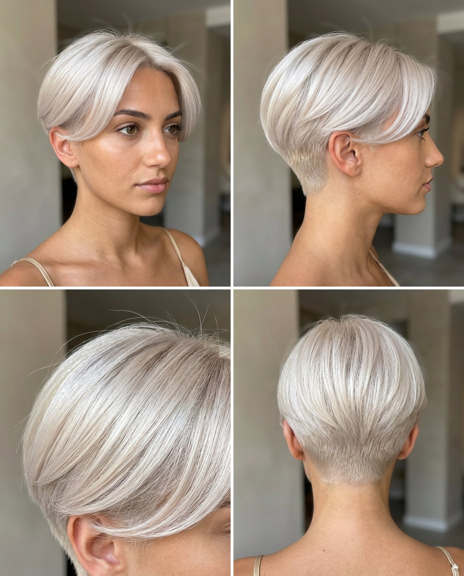 very short pixie haircut in cool platinum blonde with pearl finish, sculpted sides with wing effect for summer gala