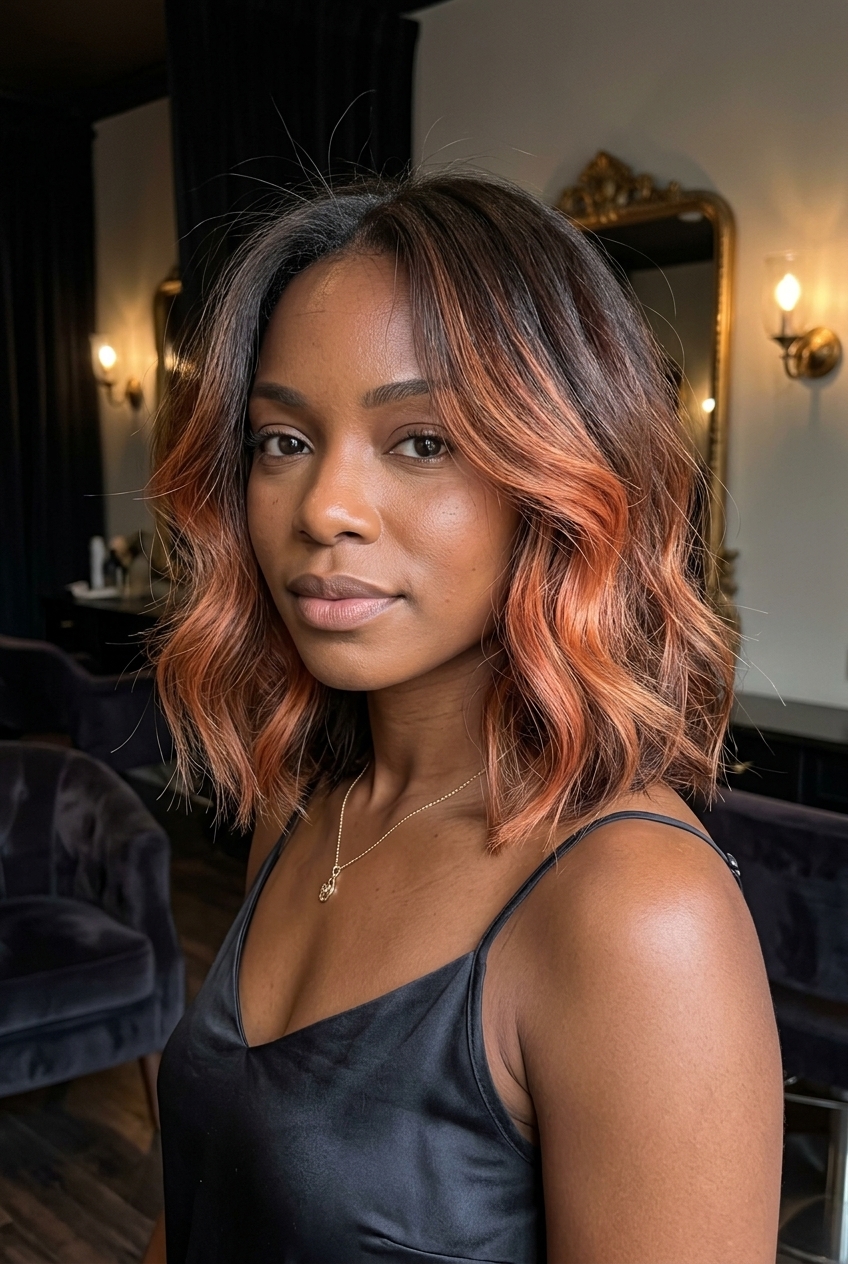 Copper-Apricot Banded Hair Color 2026 long bob copper-apricot hybrid hair color with golden blonde, banded mid-lengths — romantic evening event