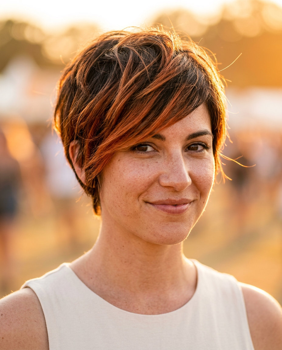 very short pixie haircut in vibrant copper balayage, dynamically layered with tapered sides for festival