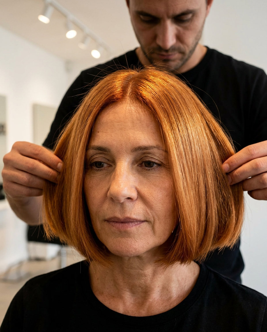 jaw-length copper bob haircut with blunt ends and golden gloss — bold summer style