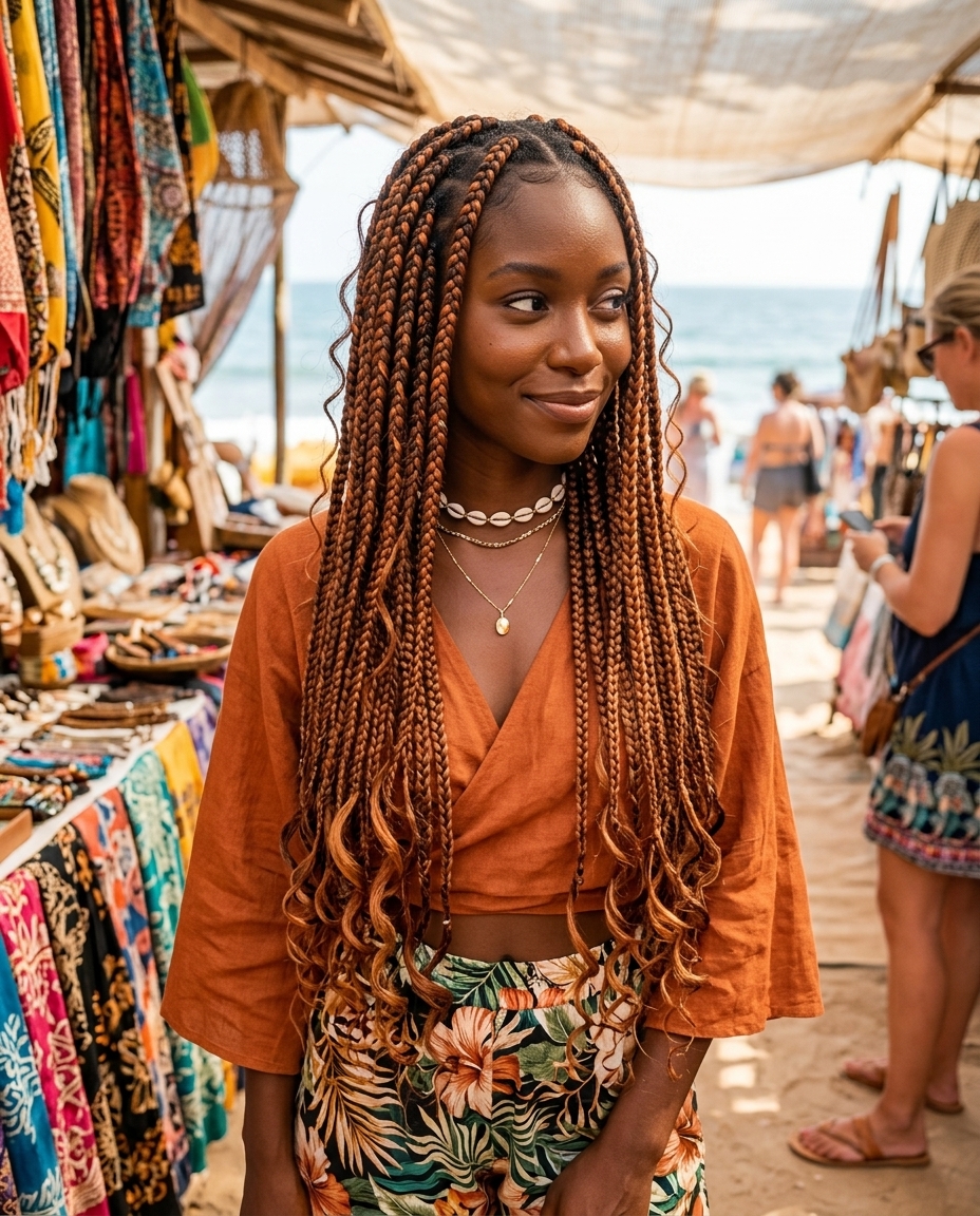Chic Summer Braids 2026: Copper Canyon Knotless long copper penny knotless braids with golden undertones, tousled curls, and loose tendrils for music festival