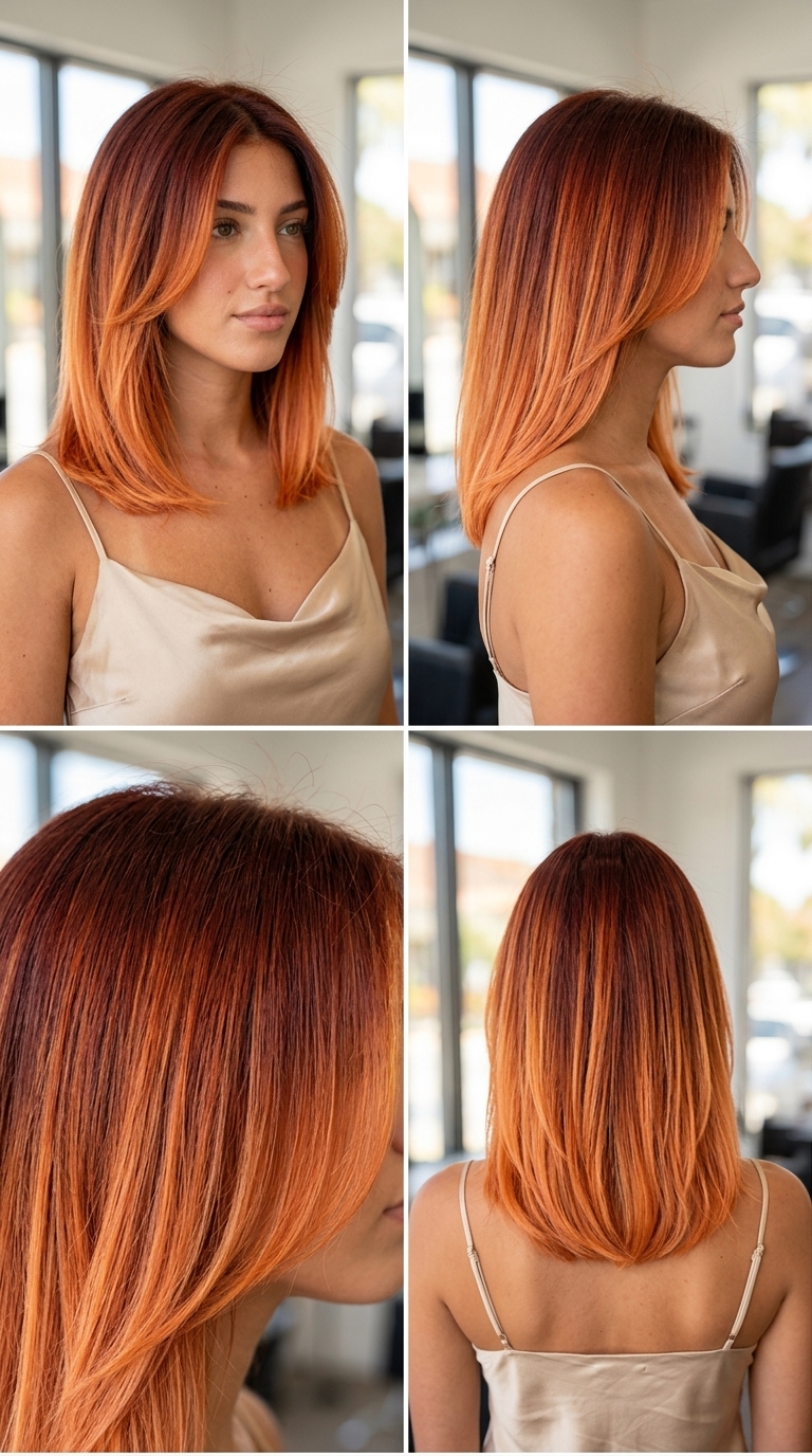 long layered copper sunset gradient ombre with auburn roots and apricot blonde ends, vivid blend — music festival