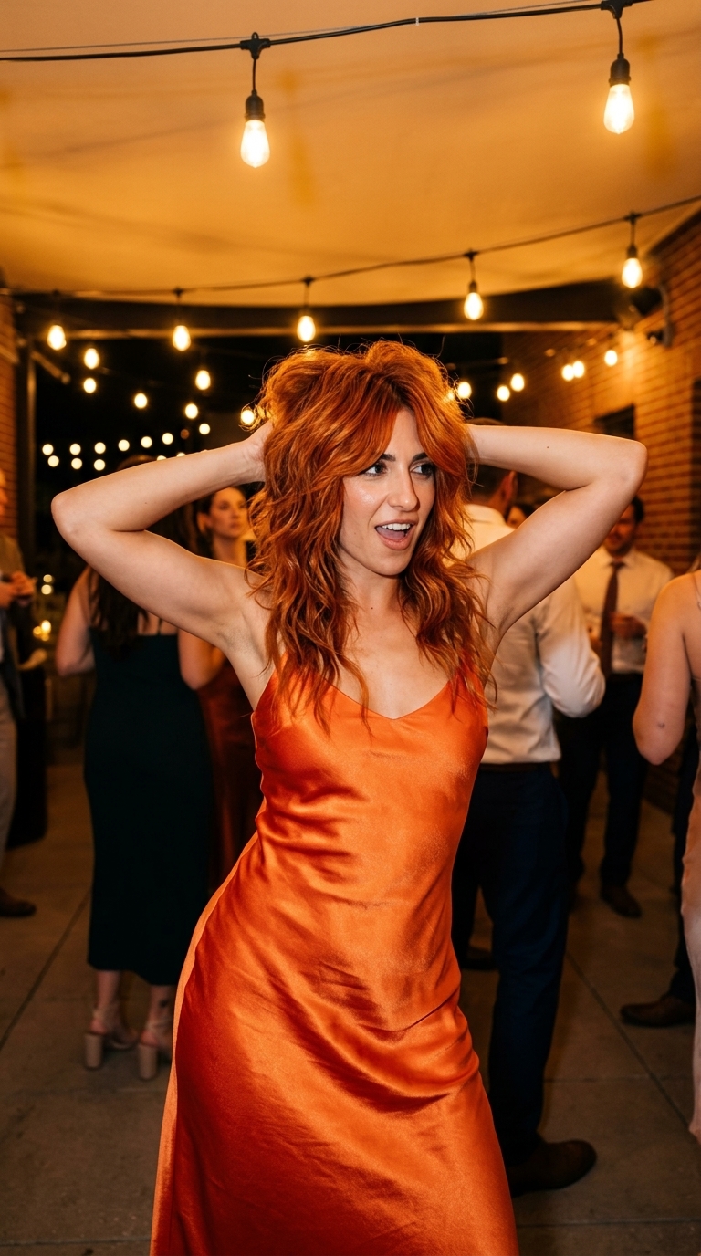 long copper wolf cut with golden highlights and razored layers for fiery look