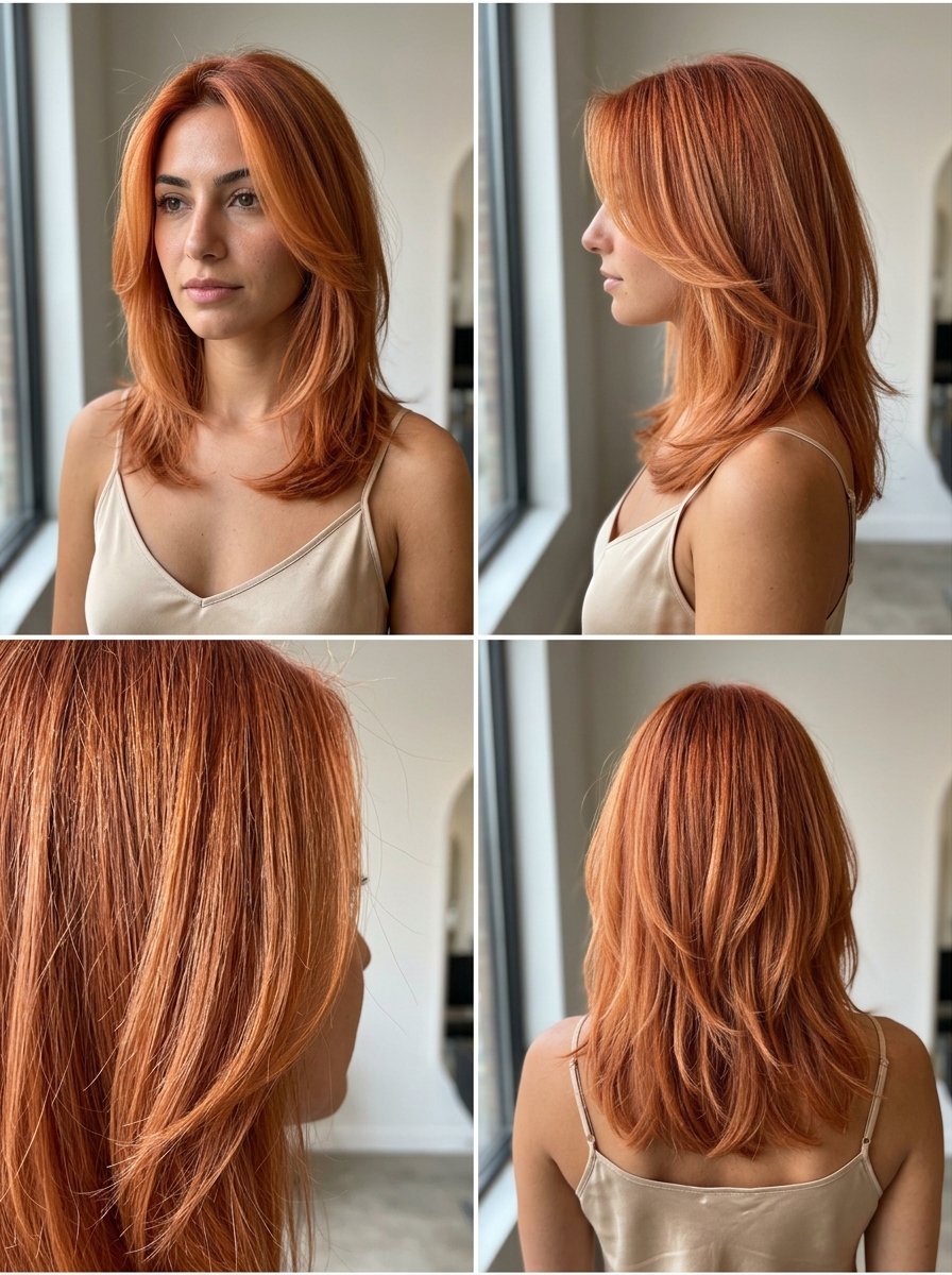 medium copper hair with nectarine highlights, point-cut layers, U-shape back — playful