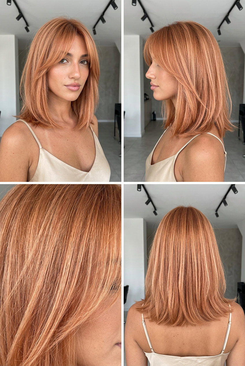 medium lob haircut with soft copper-peach, subtle internal layers, curtain bangs — playful summer chic