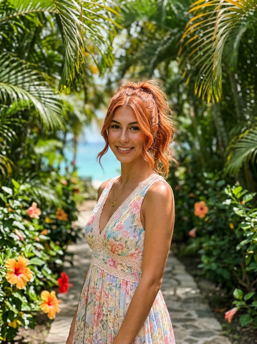 long copper penny ponytail with soft tendrils and strawberry blonde accents for brunch