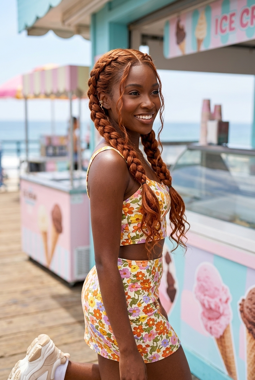 Y2K Copper Pigtail Braids 2026 medium-long copper penny pigtail braids with warm orange-brown tones, three-strand braid technique, no fringe — playful Y2K vibe