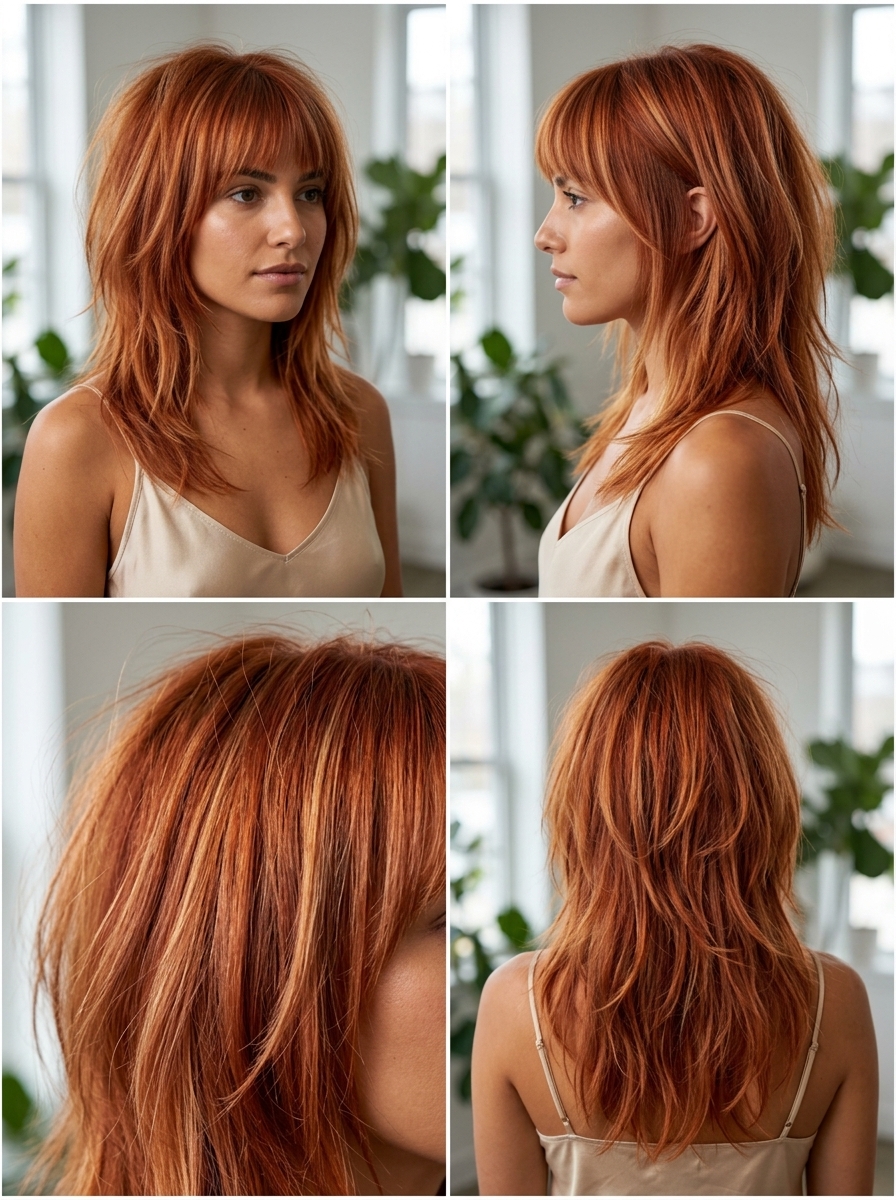 long shag haircut in vibrant copper red with strawberry blonde babylights and blunt fringe for music festival