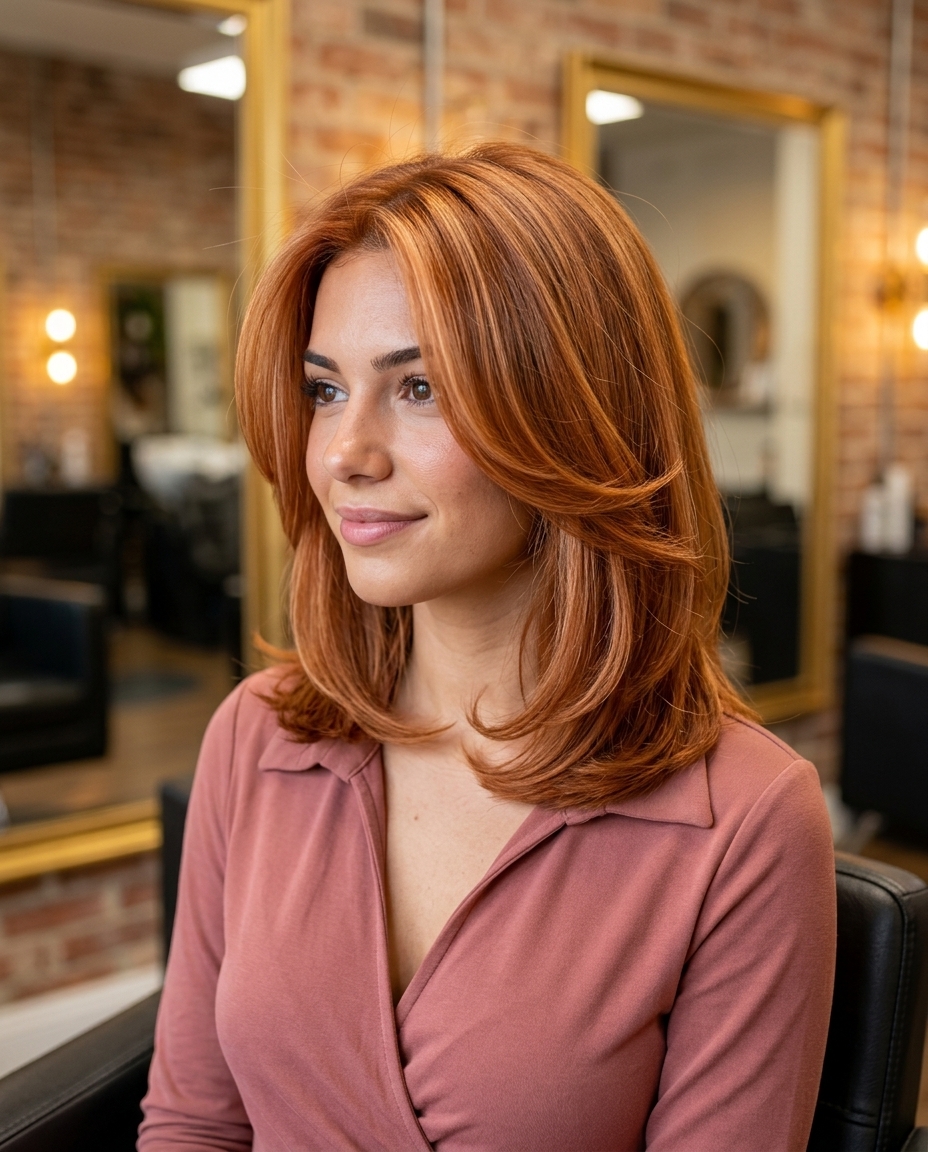 medium c-cut haircut with warm copper-red and strawberry blonde highlights for summer