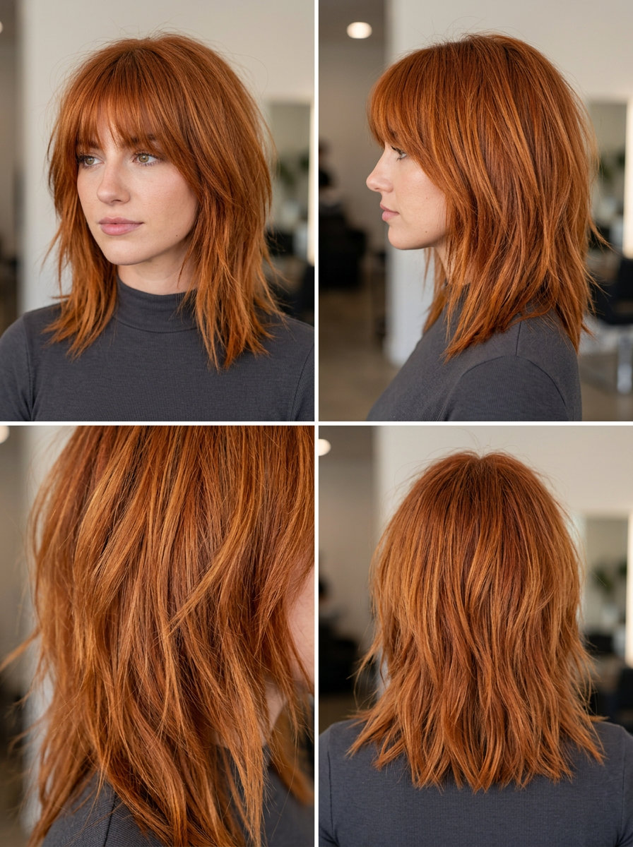 medium lob haircut with copper red, golden undertones, brow-grazing fringe — edgy textured look