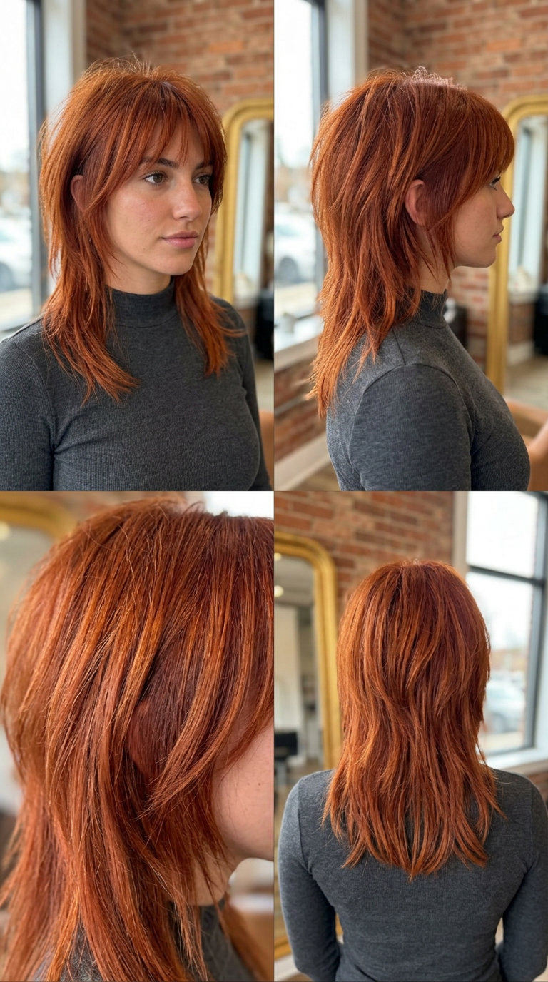 medium choppy mullet in fiery copper red, point-cut layers, wispy bangs — bold retro festival look