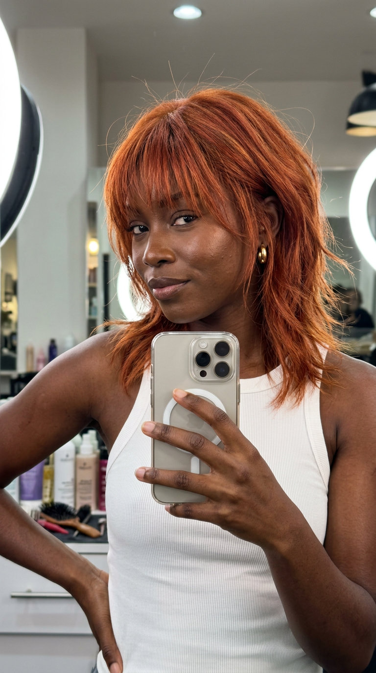 medium shag haircut with vibrant copper red color, razor-cut layers, and wispy bangs for festivals