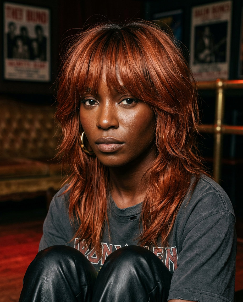 medium shag copper penny red haircut with auburn lowlights, razored layers, piecey fringe — edgy date night