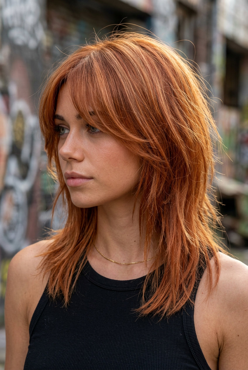 medium shag haircut with warm copper-red highlights and curtain bangs for thin fine hair