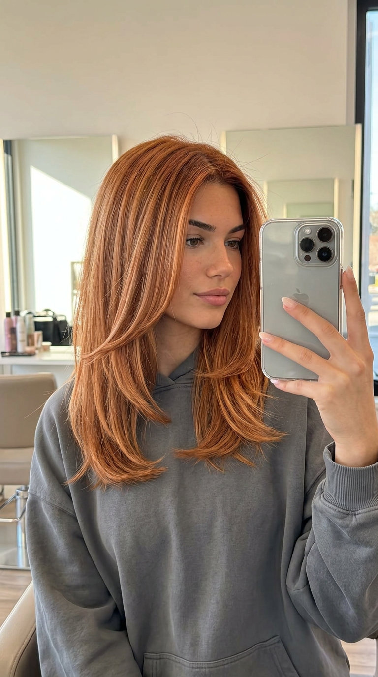 mid-length flick haircut with fiery copper-red and strawberry blonde undertones for summer
