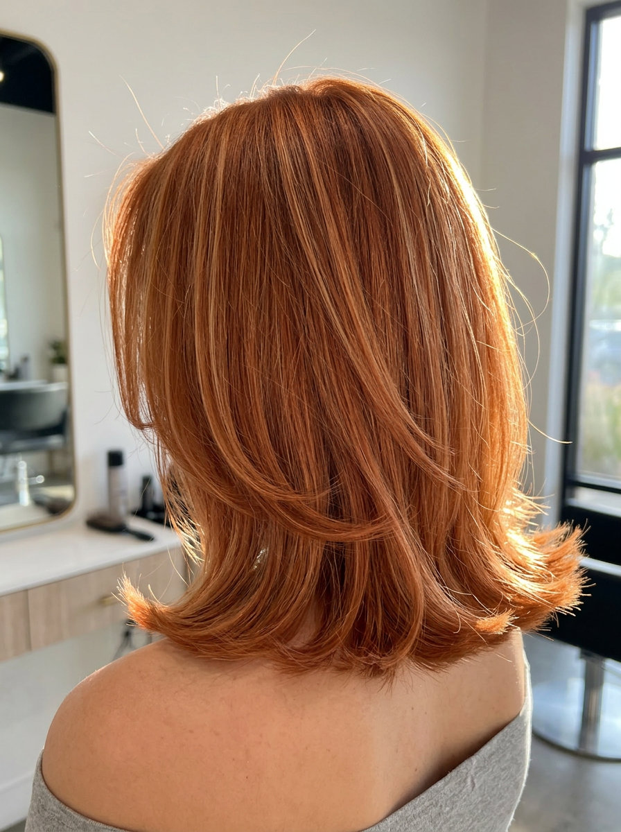 mid-length flick haircut with warm copper-red and strawberry blonde babylights for summer