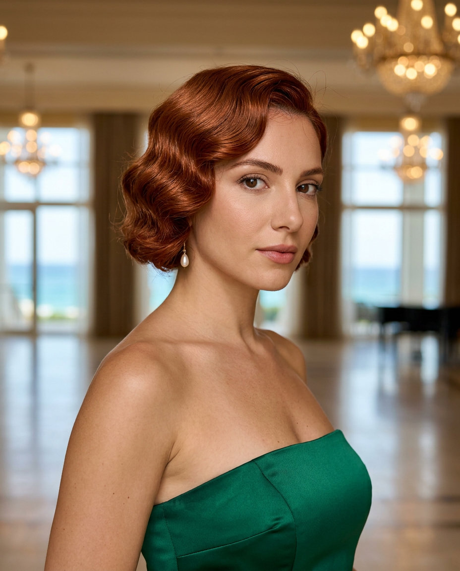 short finger wave haircut in rich copper red, deep espresso brunette, or platinum blonde, sculpted waves for glamorous formal event