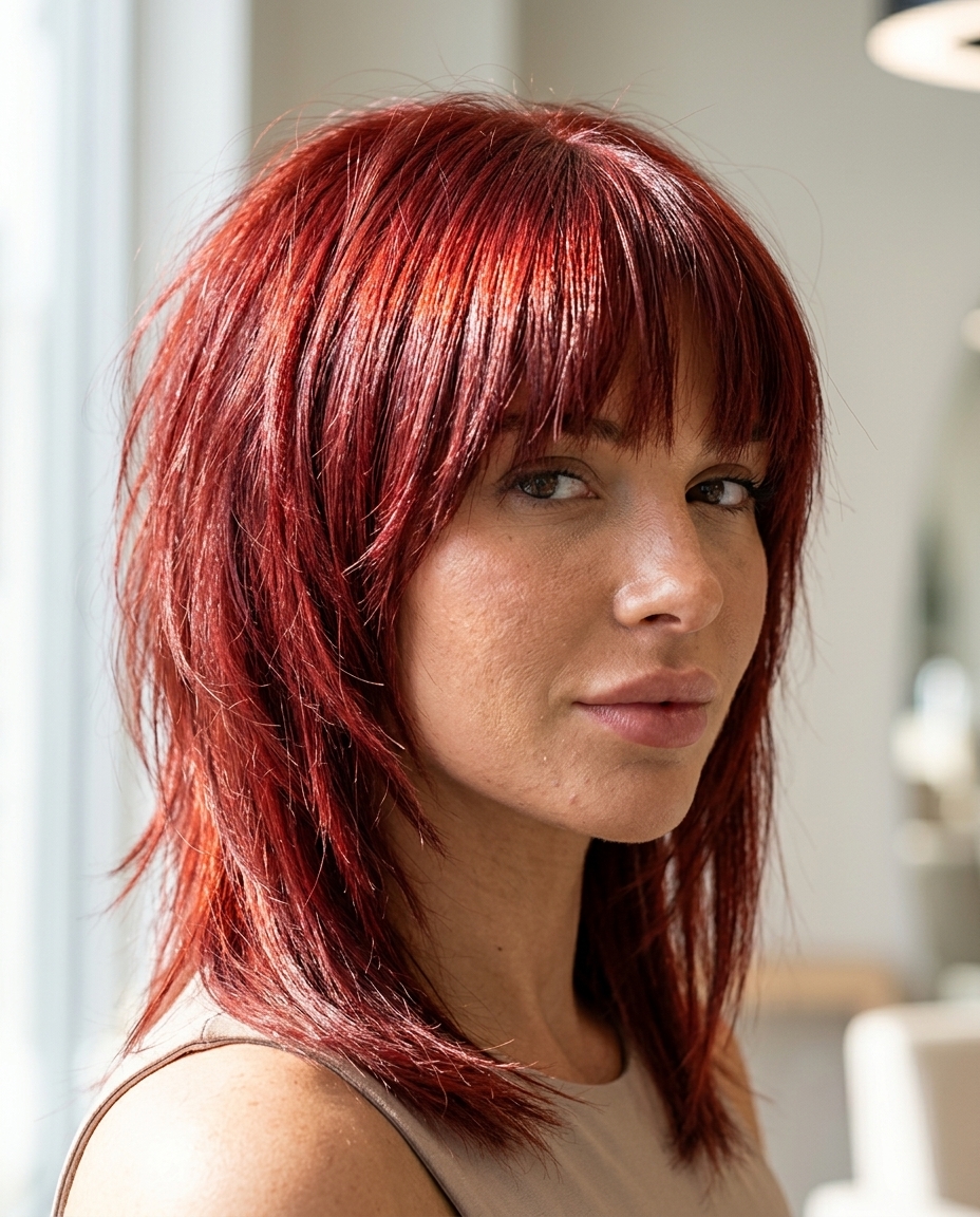 shoulder-length shag with vibrant copper-red and strawberry blonde fringe for summer