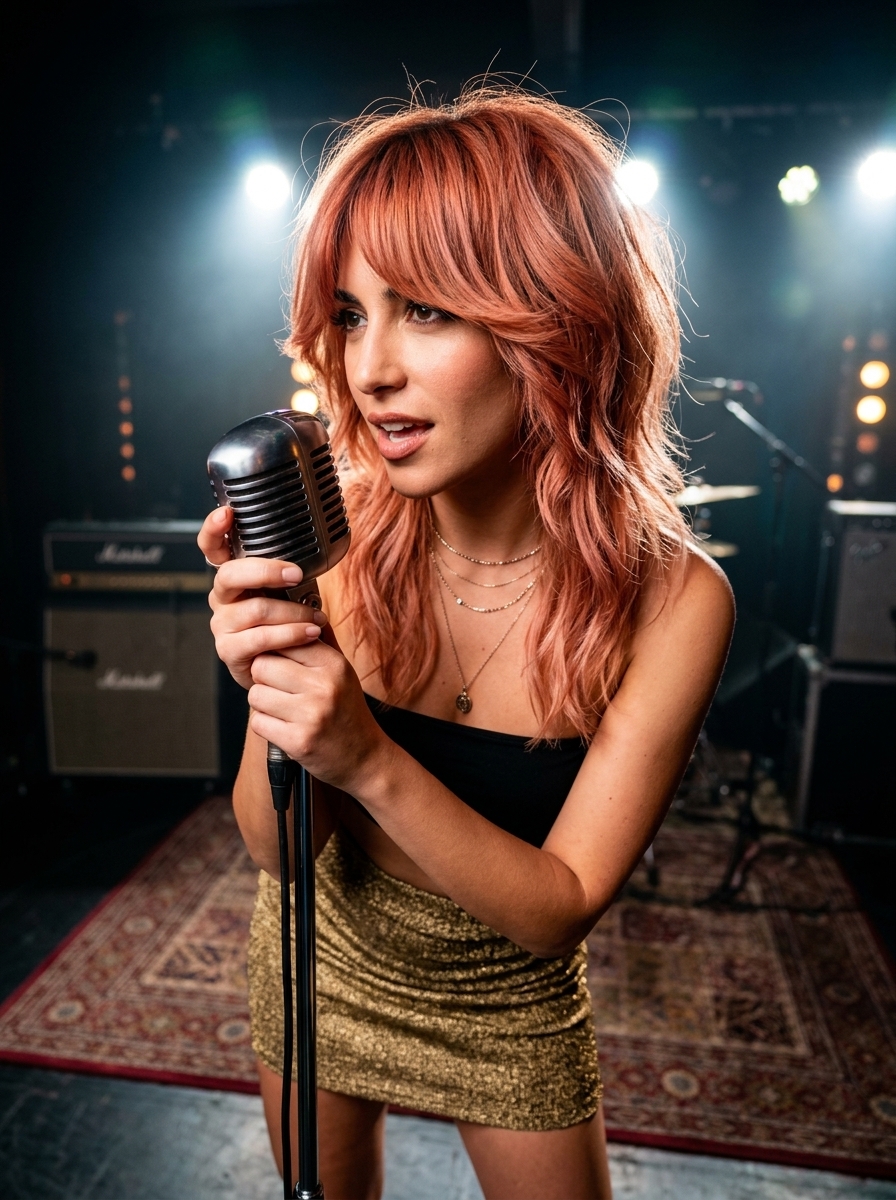 shoulder-length layered shag in copper rose with rose gold highlights, choppy layers — bold playful festival