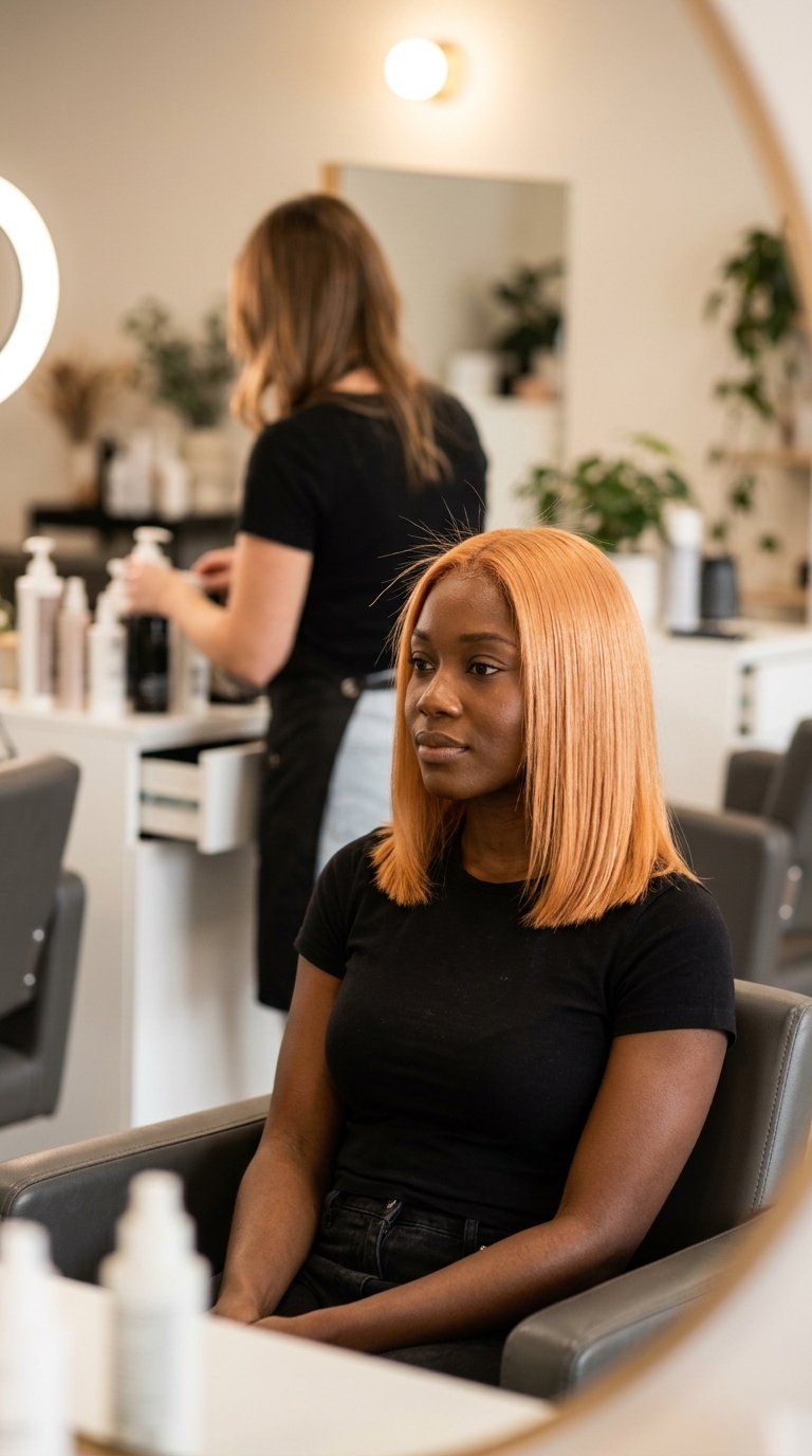 Rich Apricot All-Over Color 2026 short apricot blonde all-over with copper-gold, blunt cut, bold