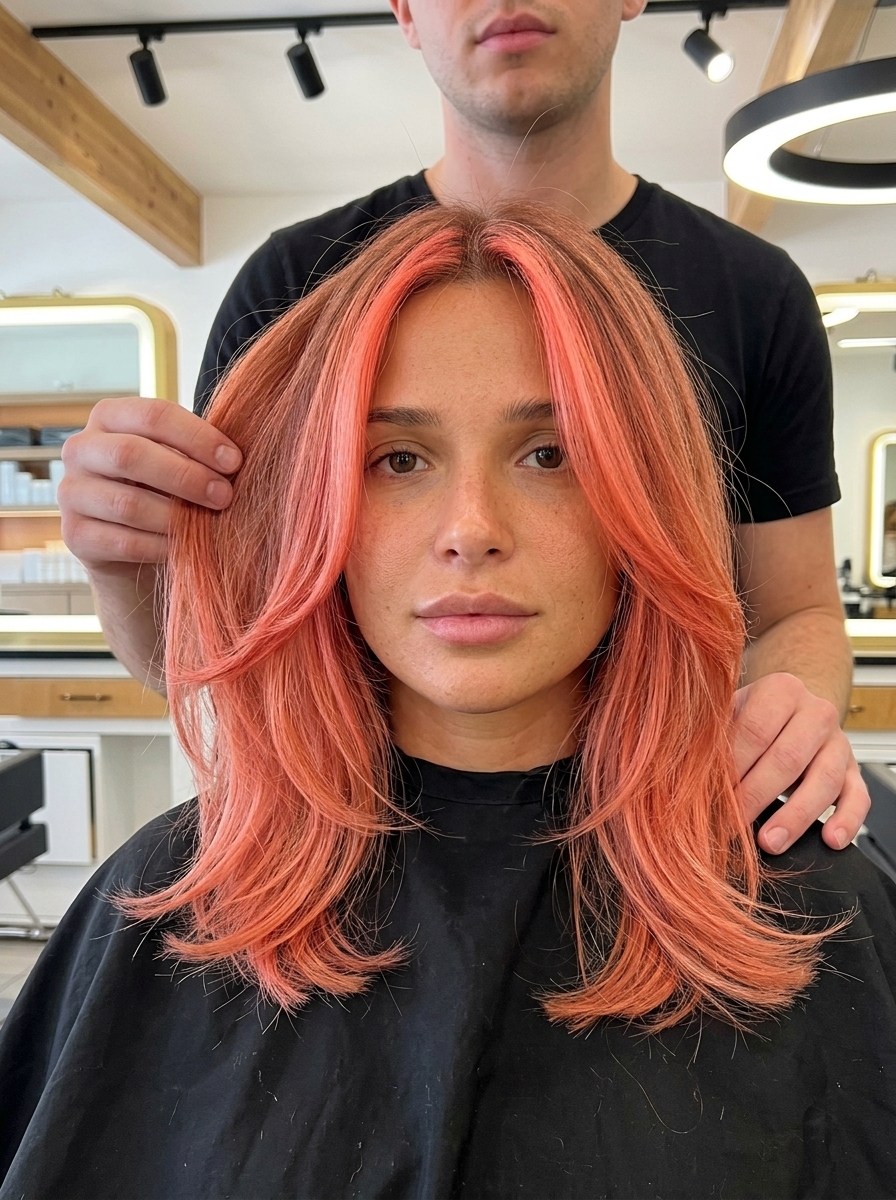 shoulder-length layered coral pink face-framing with vibrant coral pink, money piece highlights, bold mood