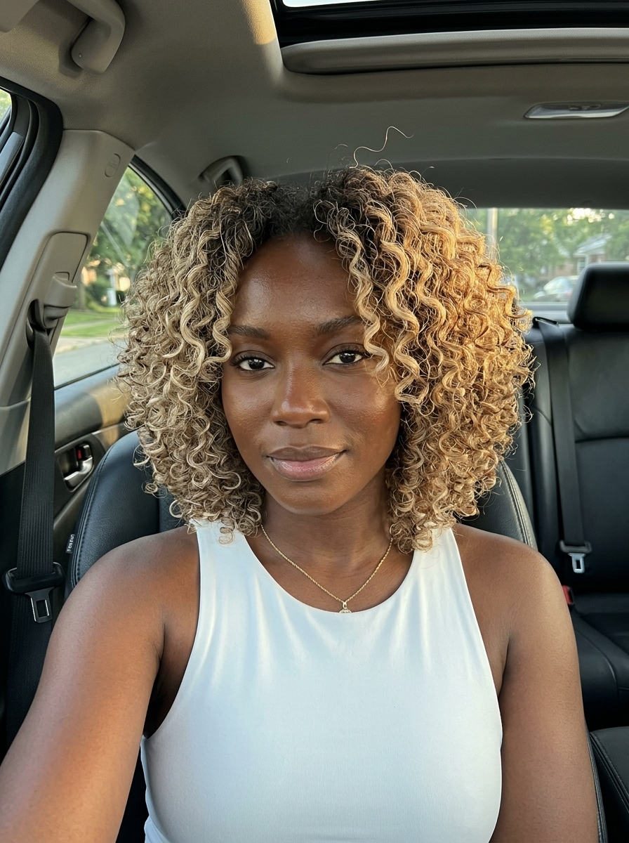 Shoulder-length halo cut for curls in creamy blonde with neutral base, rounded layers, no bangs — soft defined volume