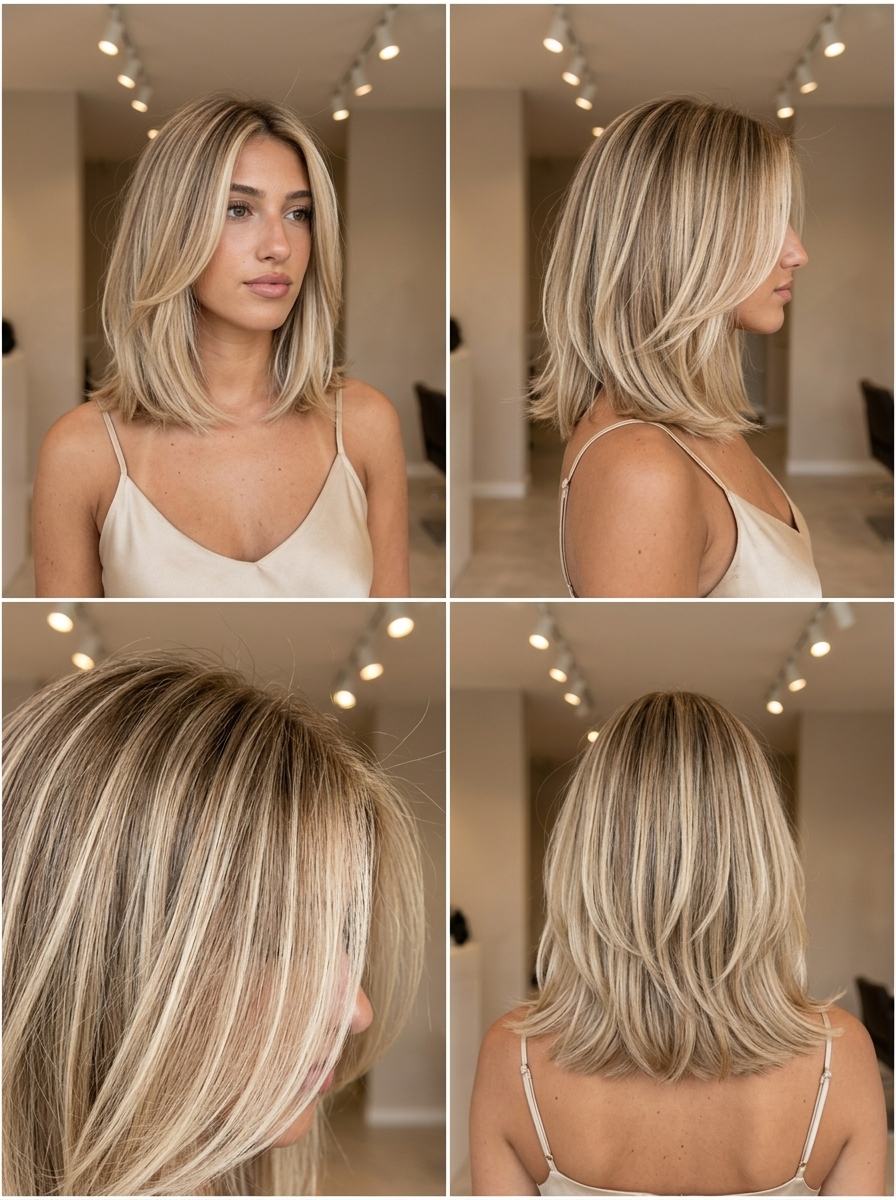 shoulder-length creamy blonde balayage lob with face-framing highlights for effortless chic