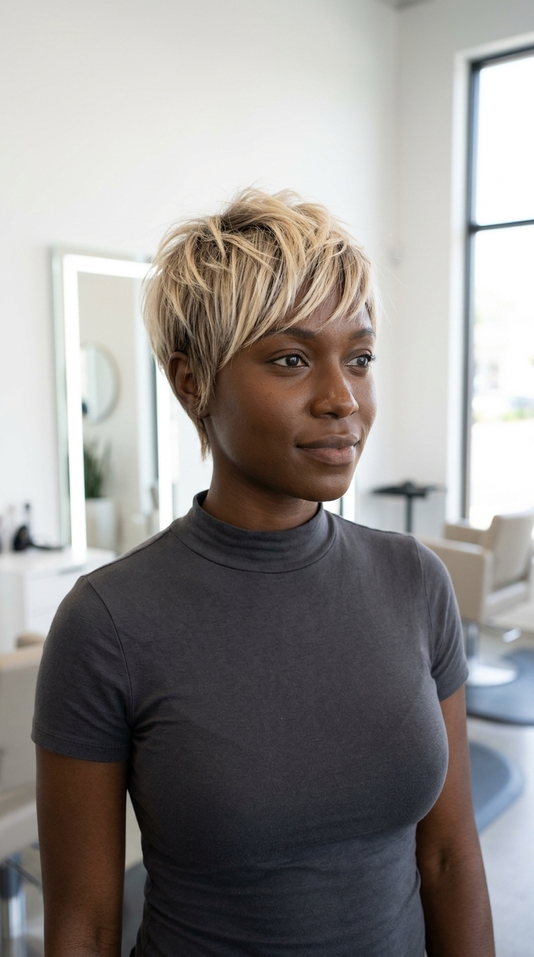 very short pixie haircut with creamy vanilla blonde & ash root smudge for summer 2026