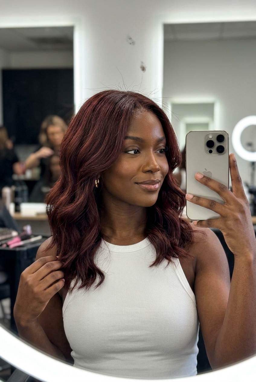 long crimson brown all-over gloss hair with subtle red undertones, rich mahogany — bold
