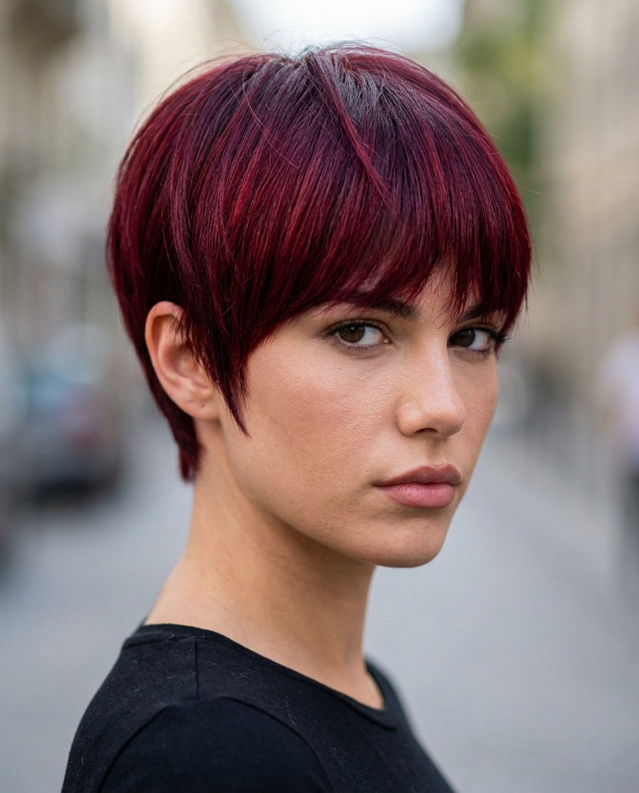 very short pixie haircut in crimson cherry cola with violet-red reflects, blunt cut with micro-fringe for night out