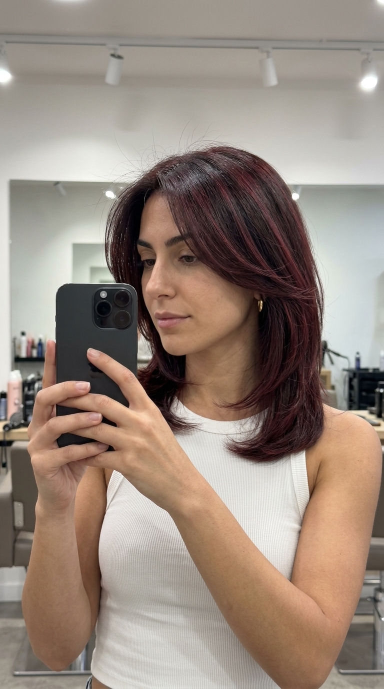 Crimson Undertone Balayage for Brunettes 2026 long layered deep chocolate with crimson undertones balayage, subtle red-violet glaze for date night
