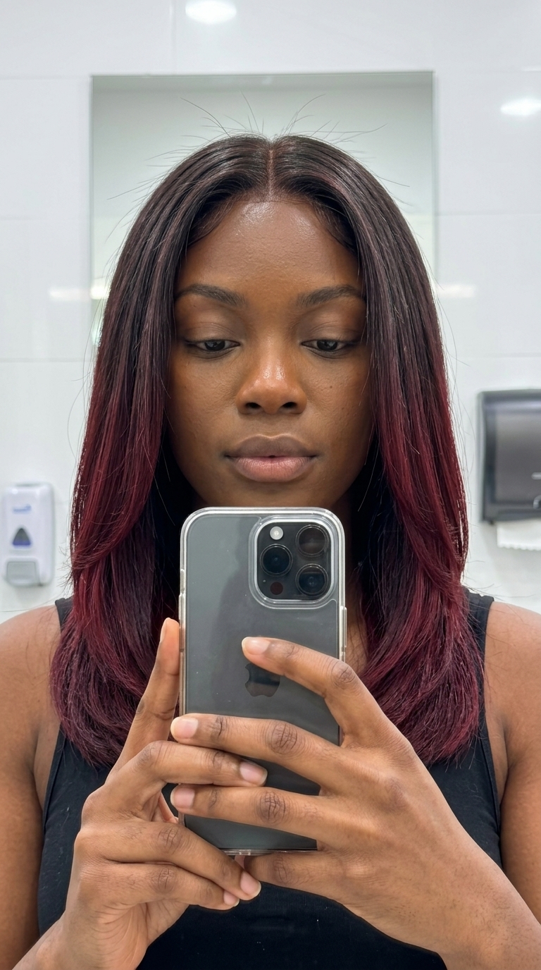 long crimson kissed ends on dark brown hair with plum undertones for drama