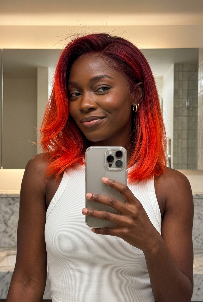 long heavily layered crimson fire ombre with bright red roots and neon orange ends, bold blend — concert